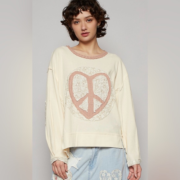 POL Tops - P29. NEW POL Boho Patchwork Heart Peace Knit Relaxed Vintage Wash Cream New Item